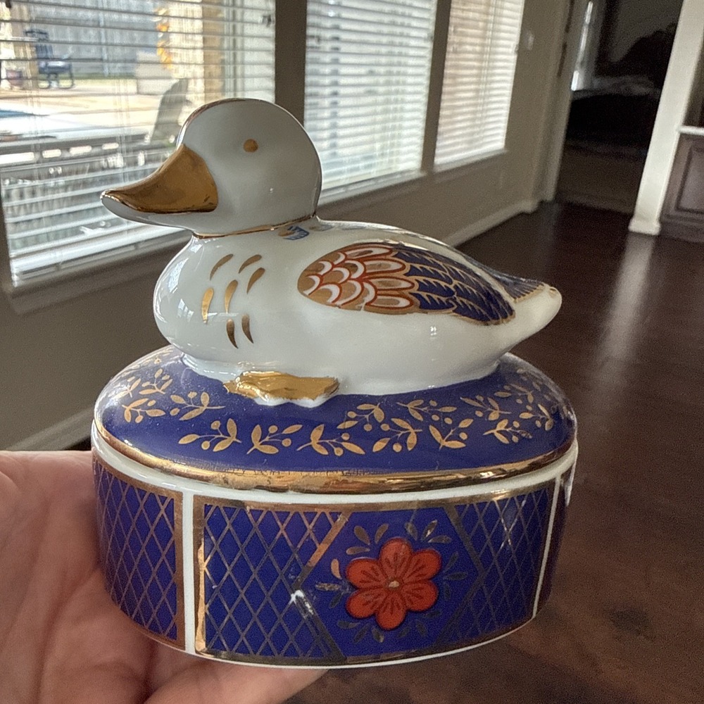 Oriental Duck Trinket Box in Cobalt Blue with Gold Trim